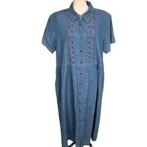 Stonybrook Dress Womens XLG Blue Denim Maxi Floral Embroidery Cottage Prairie